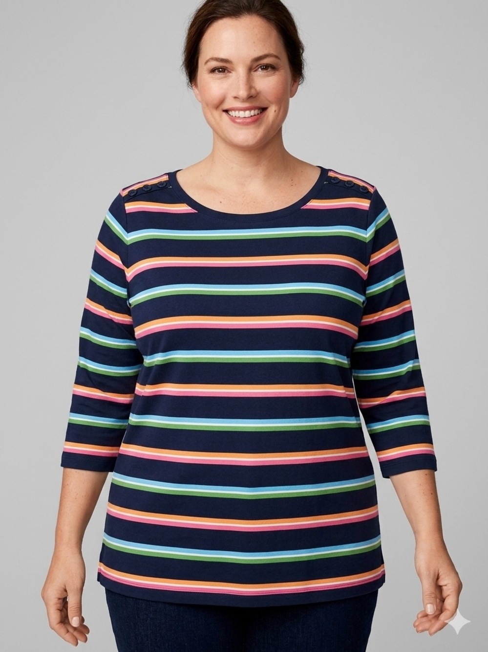 NWOT Talbots Navy Striped Long-Sleeve Top with Button-Shoulder Detail